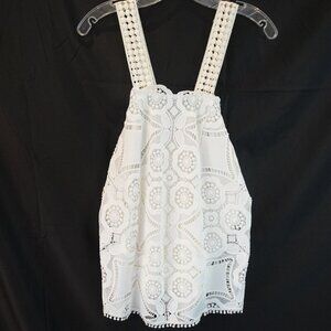 Alexis Eveline White Floral 3D Crochet Lace Sleveless Blouse Top Heavy L